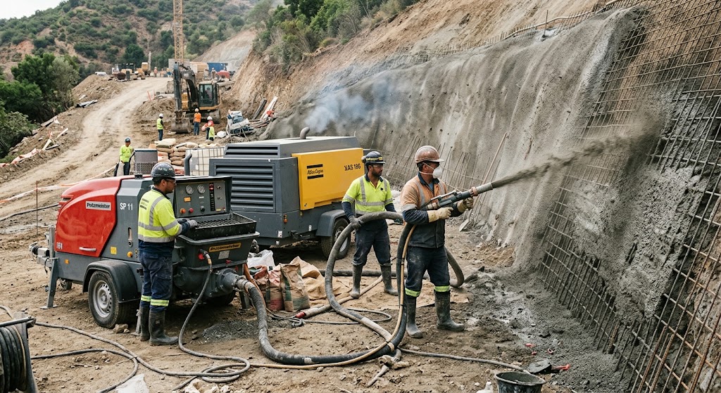 Le matériel spécifique (lance, compresseur, pompe) utilisé pour le béton projeté